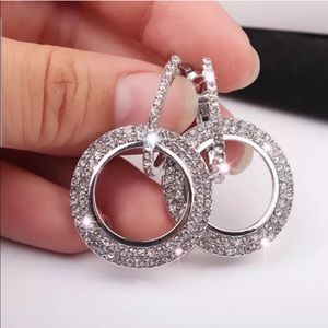 Silver rhinestone double hopped earrings bling